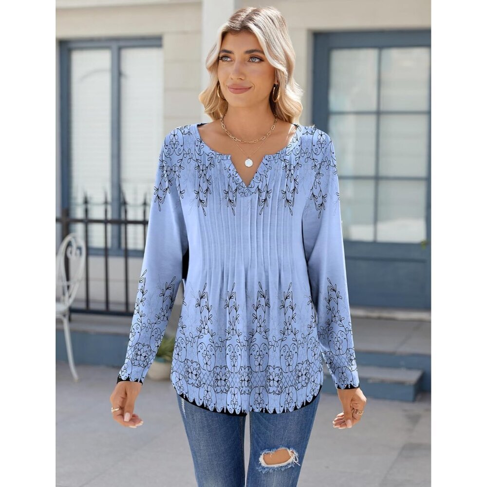 Womens Long Sleeve V Neck Blouse Floral Basic Casual Fall Shirt - Picture 6 of 6